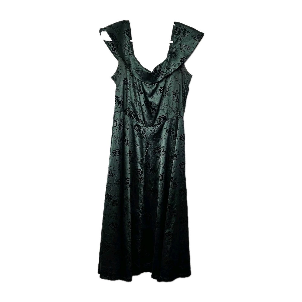 Muxxn Womens Dress Size Medium Dark Green Black Floral Patten Silky Velvet EUC